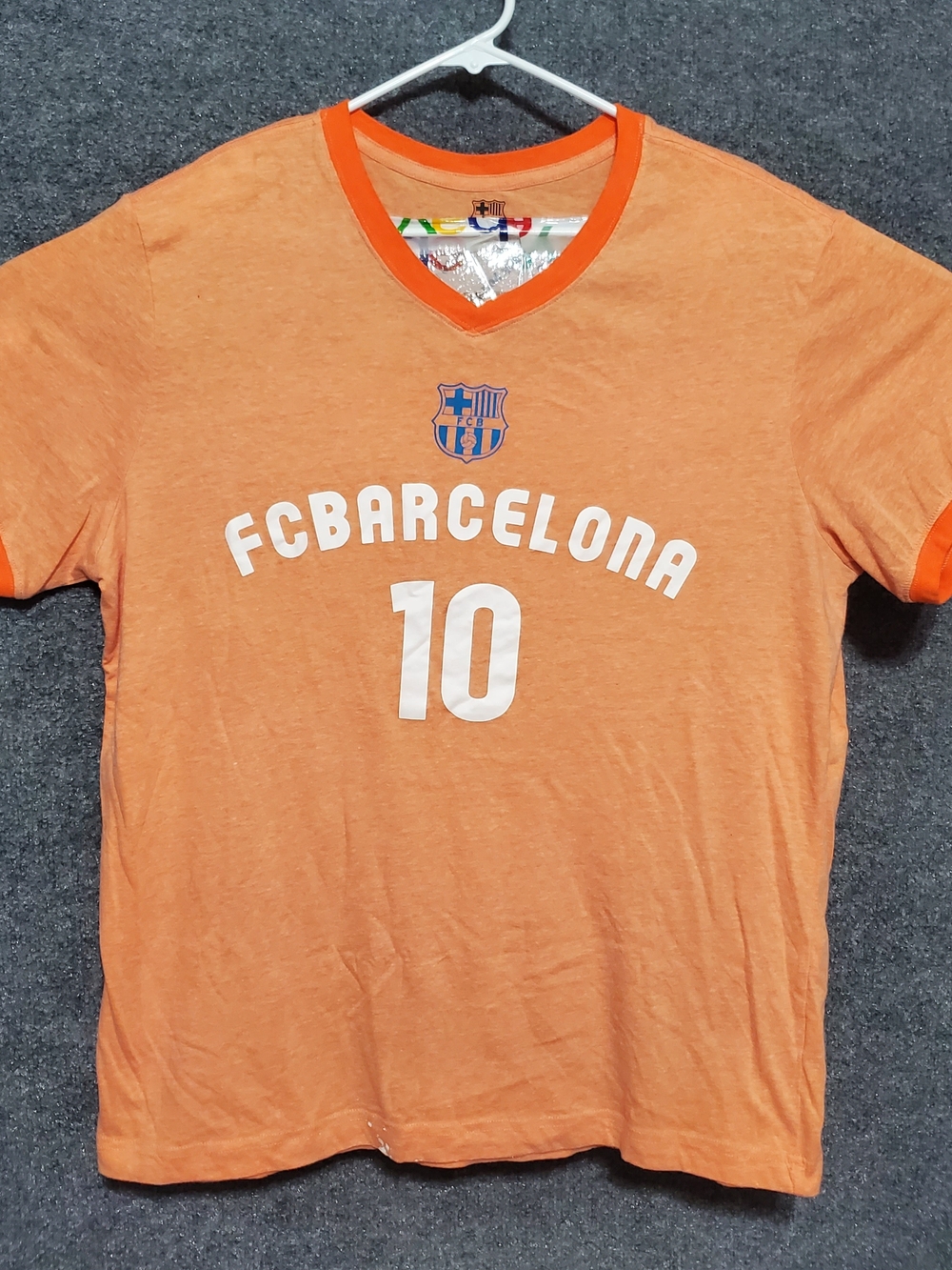 FC Barcelona Mens Soccer Messi T Shirt XL Short Sleeve V Neck Orange Futbol Y2K